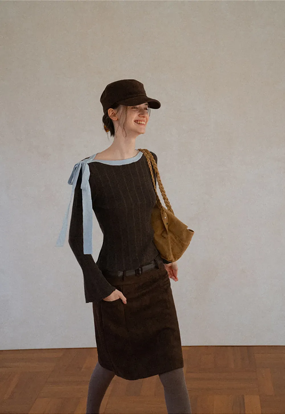 High Waist Suede Skirt with Front Pocket