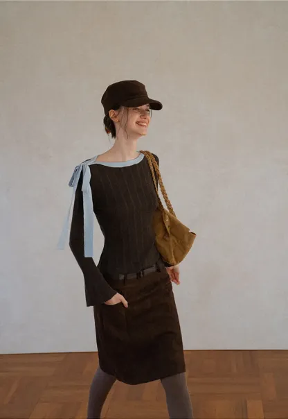 High Waist Suede Skirt with Front Pocket