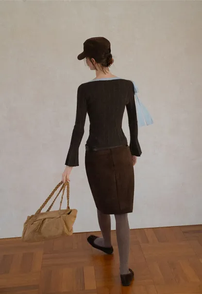 High Waist Suede Skirt with Front Pocket