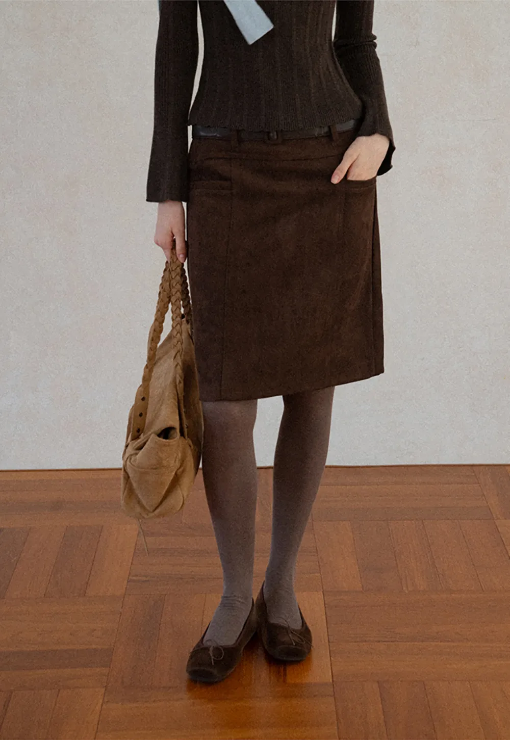 High Waist Suede Skirt with Front Pocket