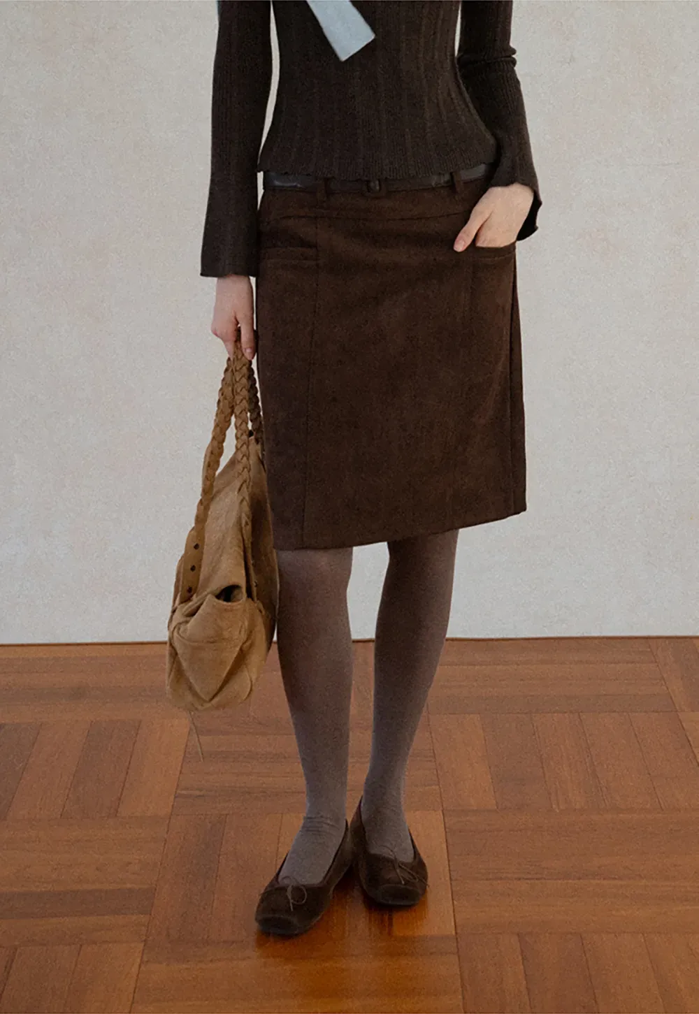 High Waist Suede Skirt with Front Pocket