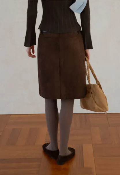 High Waist Suede Skirt with Front Pocket