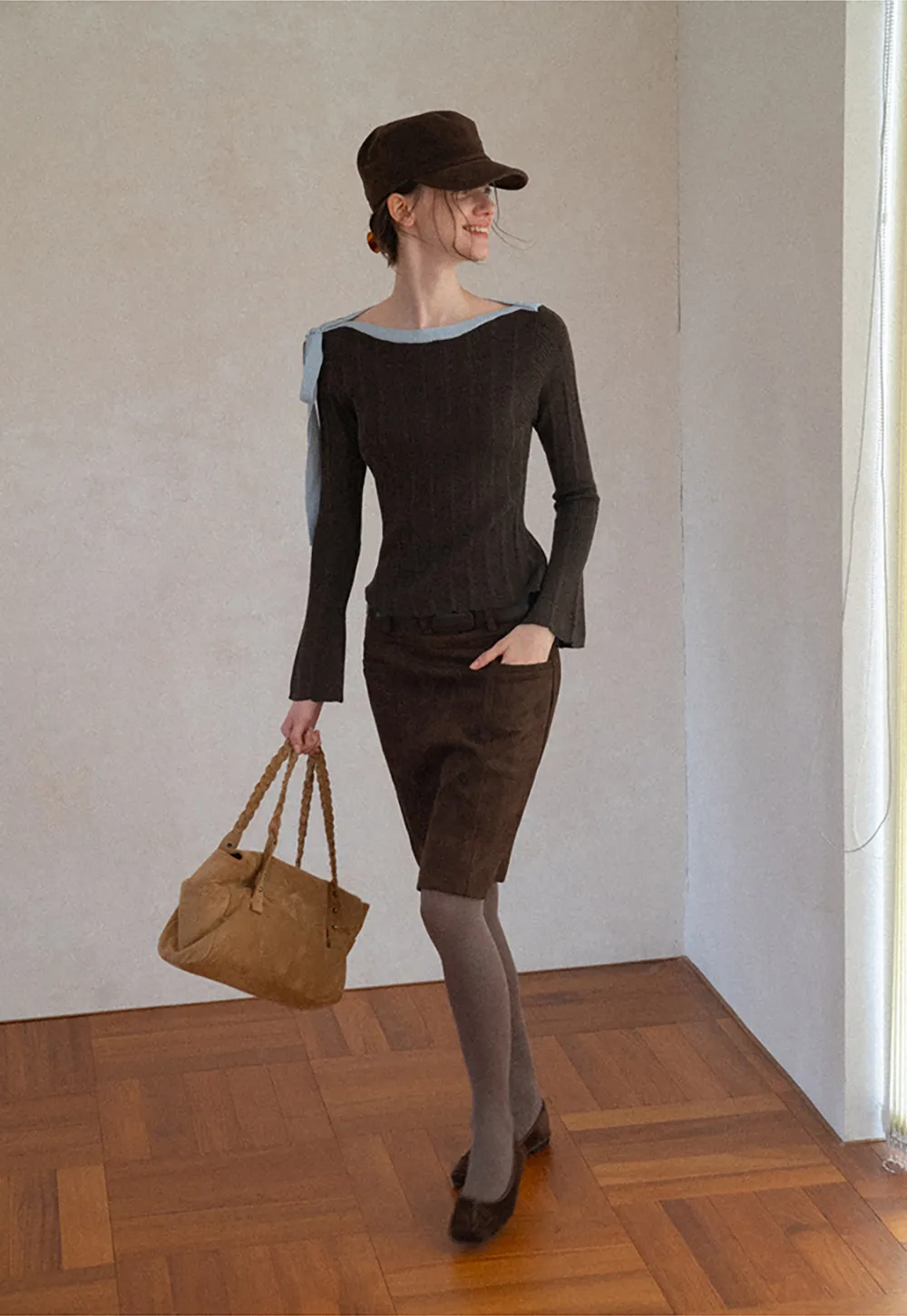 High Waist Suede Skirt with Front Pocket
