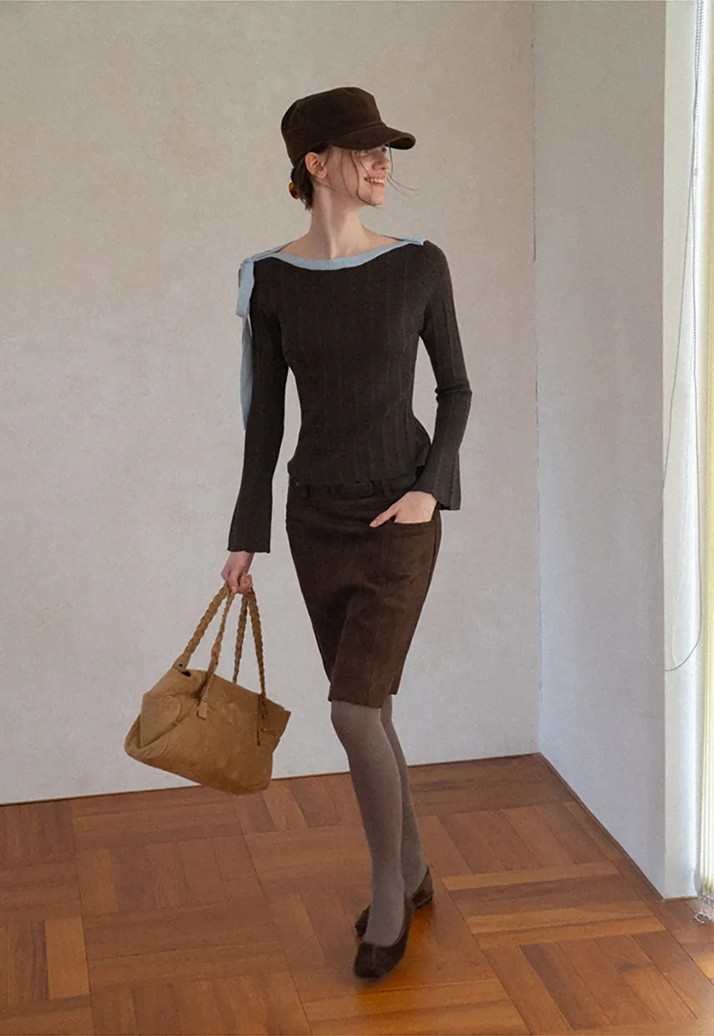 High Waist Suede Skirt with Front Pocket