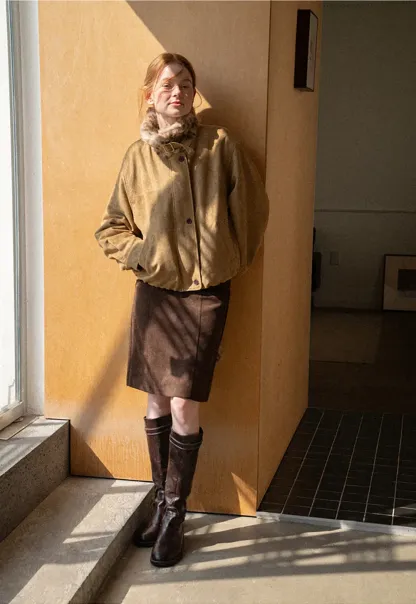 High Waist Suede Skirt with Front Pocket