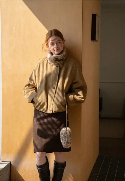 High Waist Suede Skirt with Front Pocket