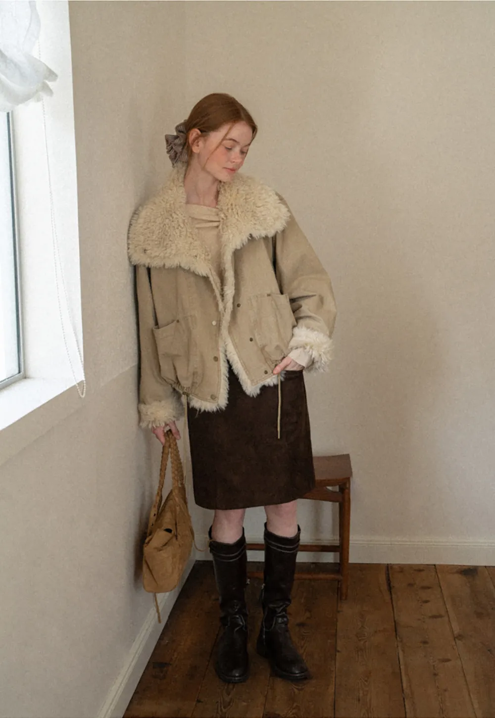 High Waist Suede Skirt with Front Pocket