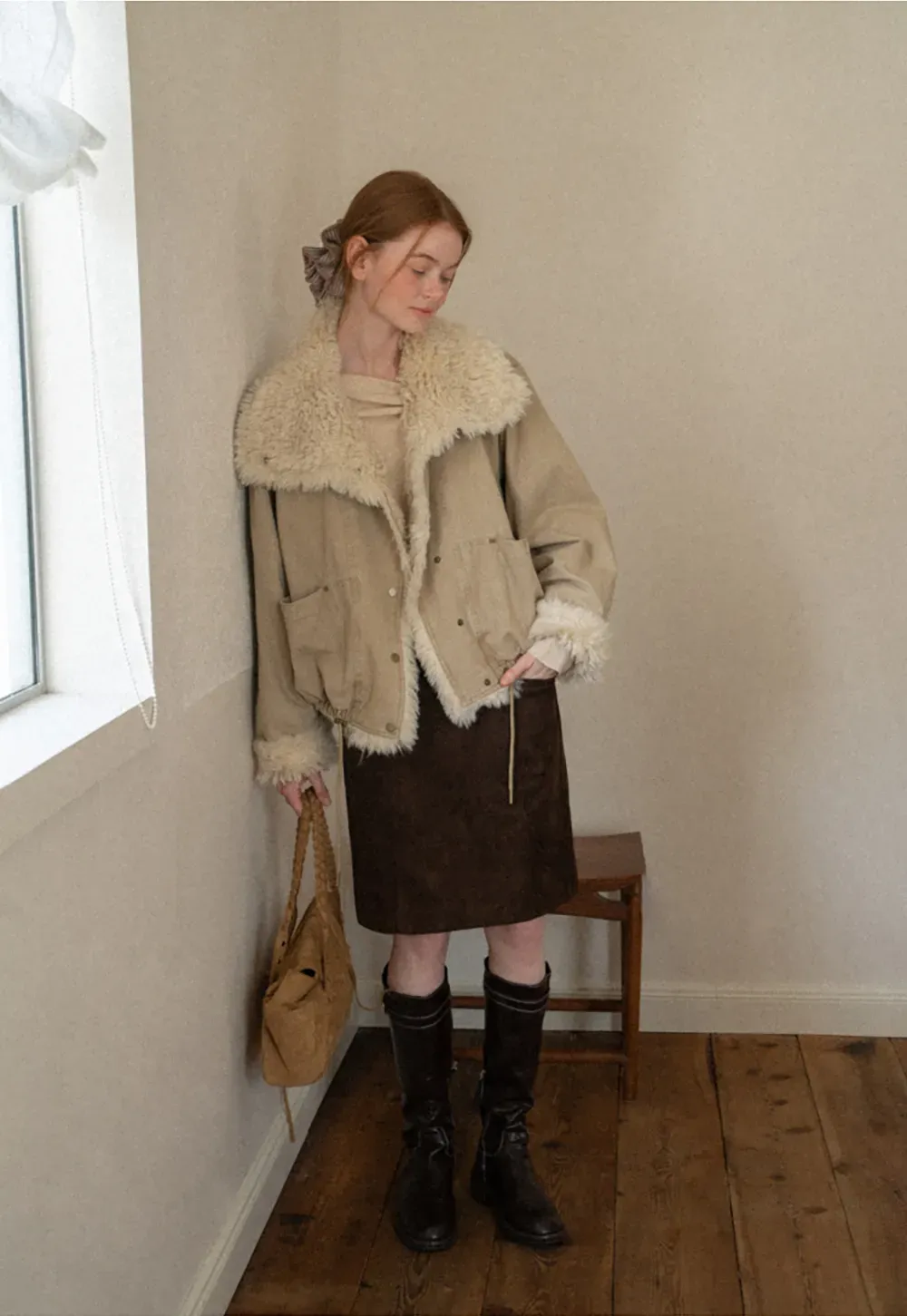 High Waist Suede Skirt with Front Pocket