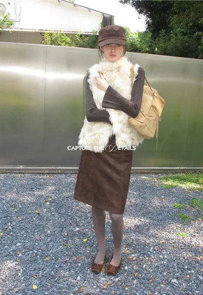 High Waist Suede Skirt with Front Pocket