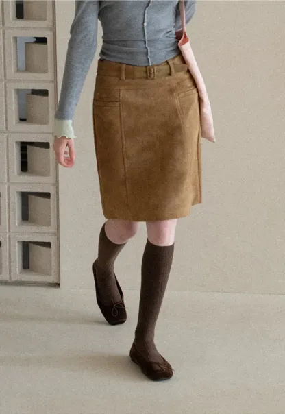 High Waist Suede Skirt with Front Pocket