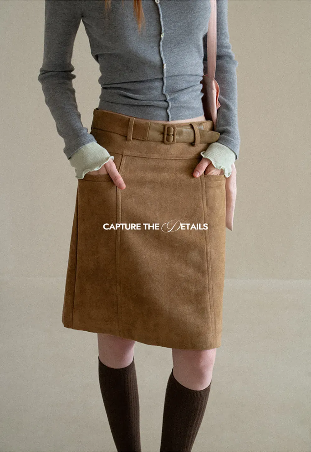 High Waist Suede Skirt with Front Pocket