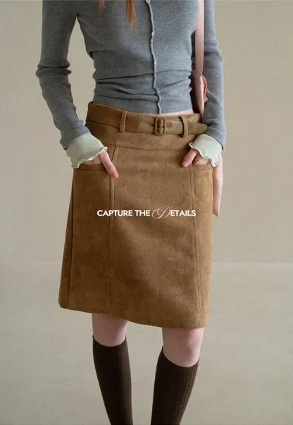 High Waist Suede Skirt with Front Pocket