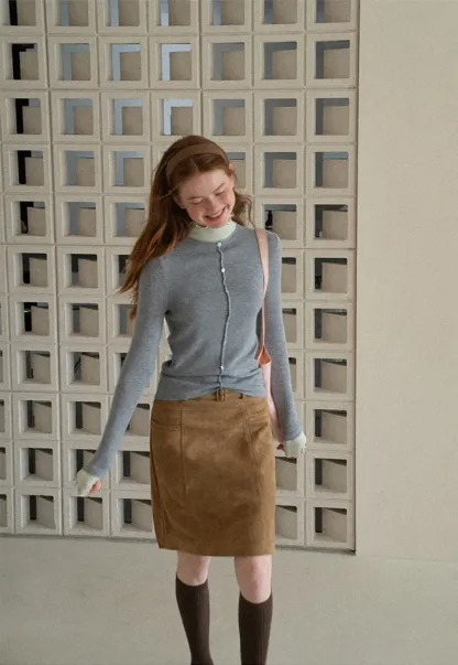 High Waist Suede Skirt with Front Pocket