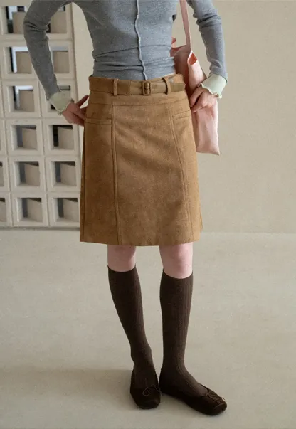 High Waist Suede Skirt with Front Pocket