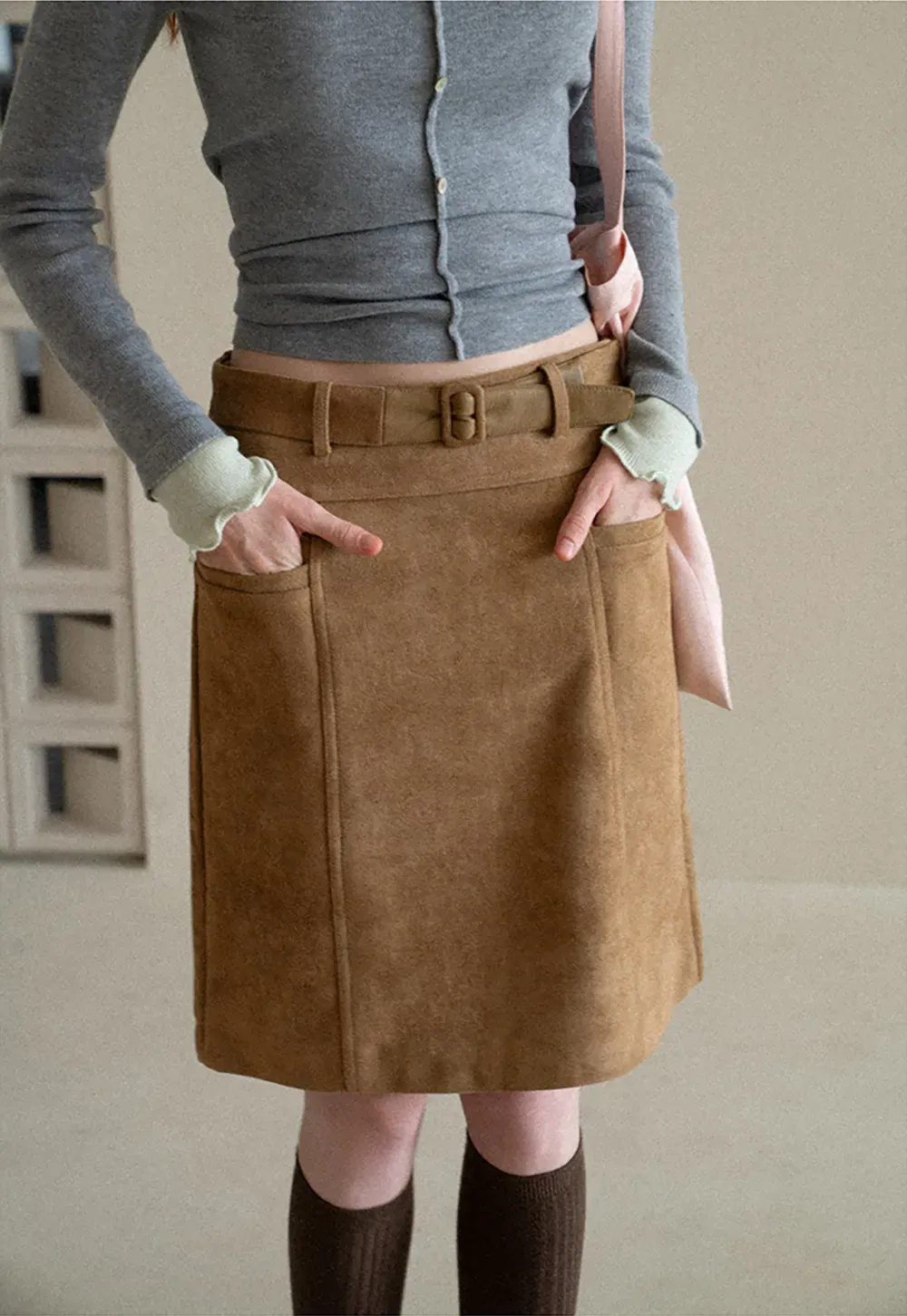 High Waist Suede Skirt with Front Pocket