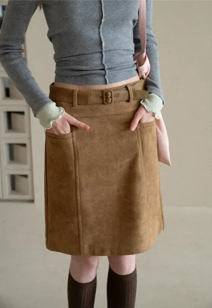 High Waist Suede Skirt with Front Pocket
