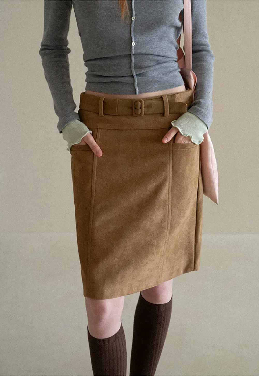 High Waist Suede Skirt with Front Pocket