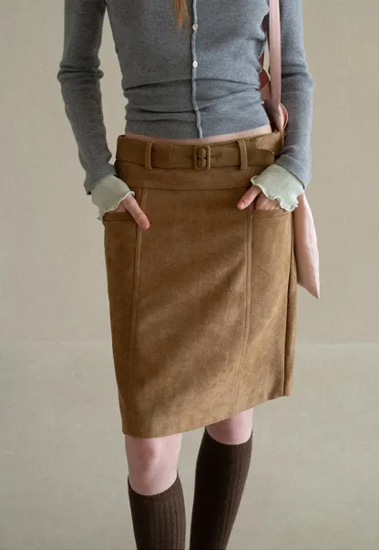 High Waist Suede Skirt with Front Pocket