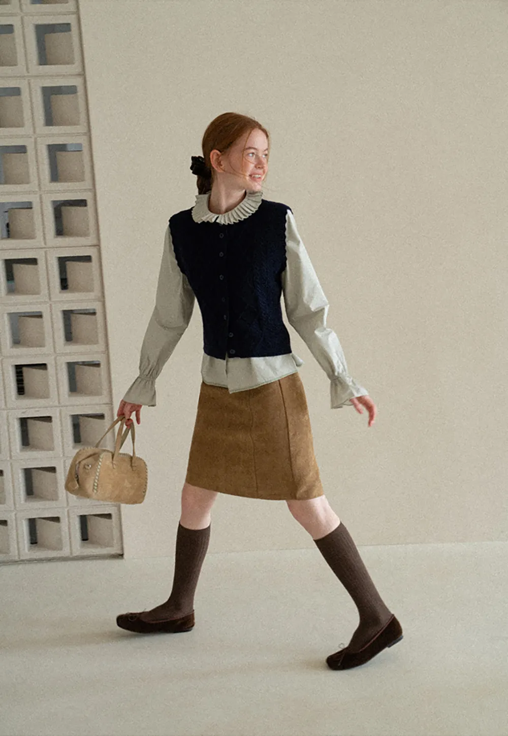 High Waist Suede Skirt with Front Pocket