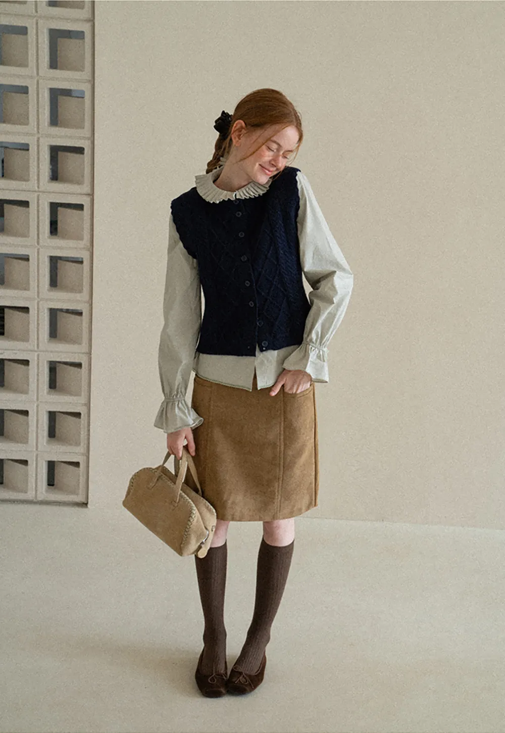 High Waist Suede Skirt with Front Pocket