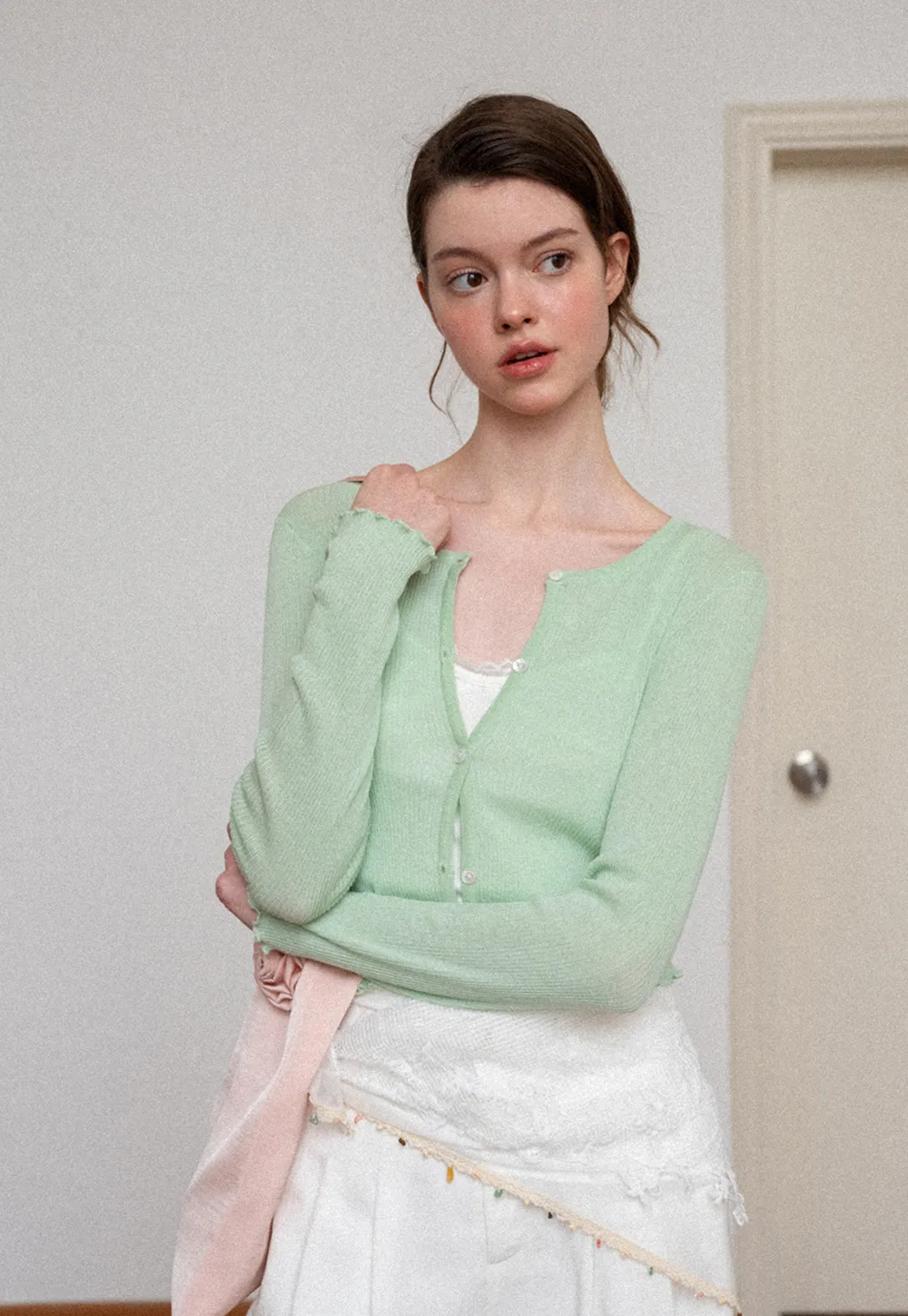 Ribbed Knit Cardigan with Pearl Buttons and Scallop Hem