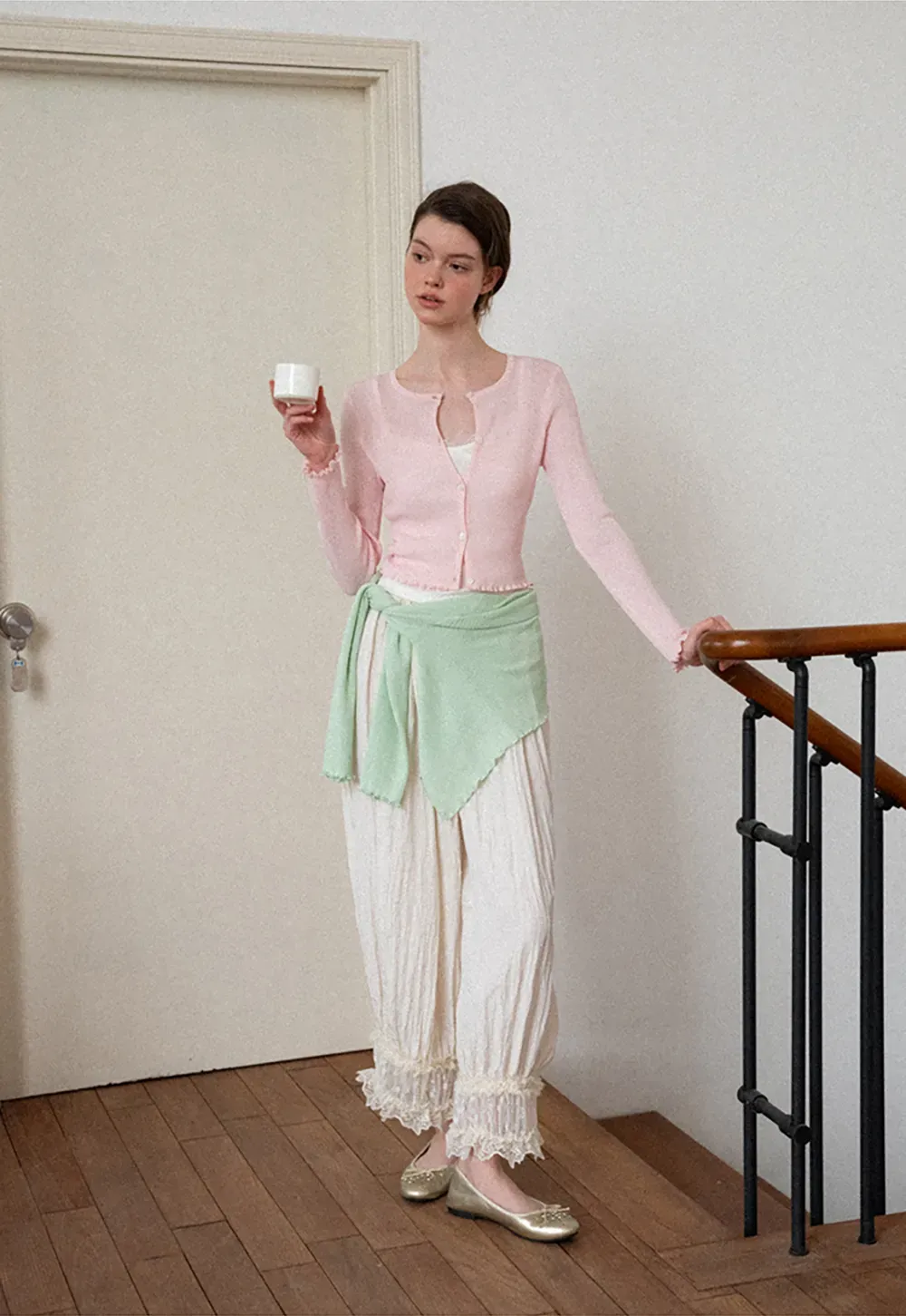 Ribbed Knit Cardigan with Pearl Buttons and Scallop Hem