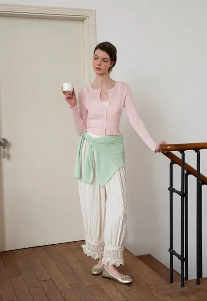 Ribbed Knit Cardigan with Pearl Buttons and Scallop Hem