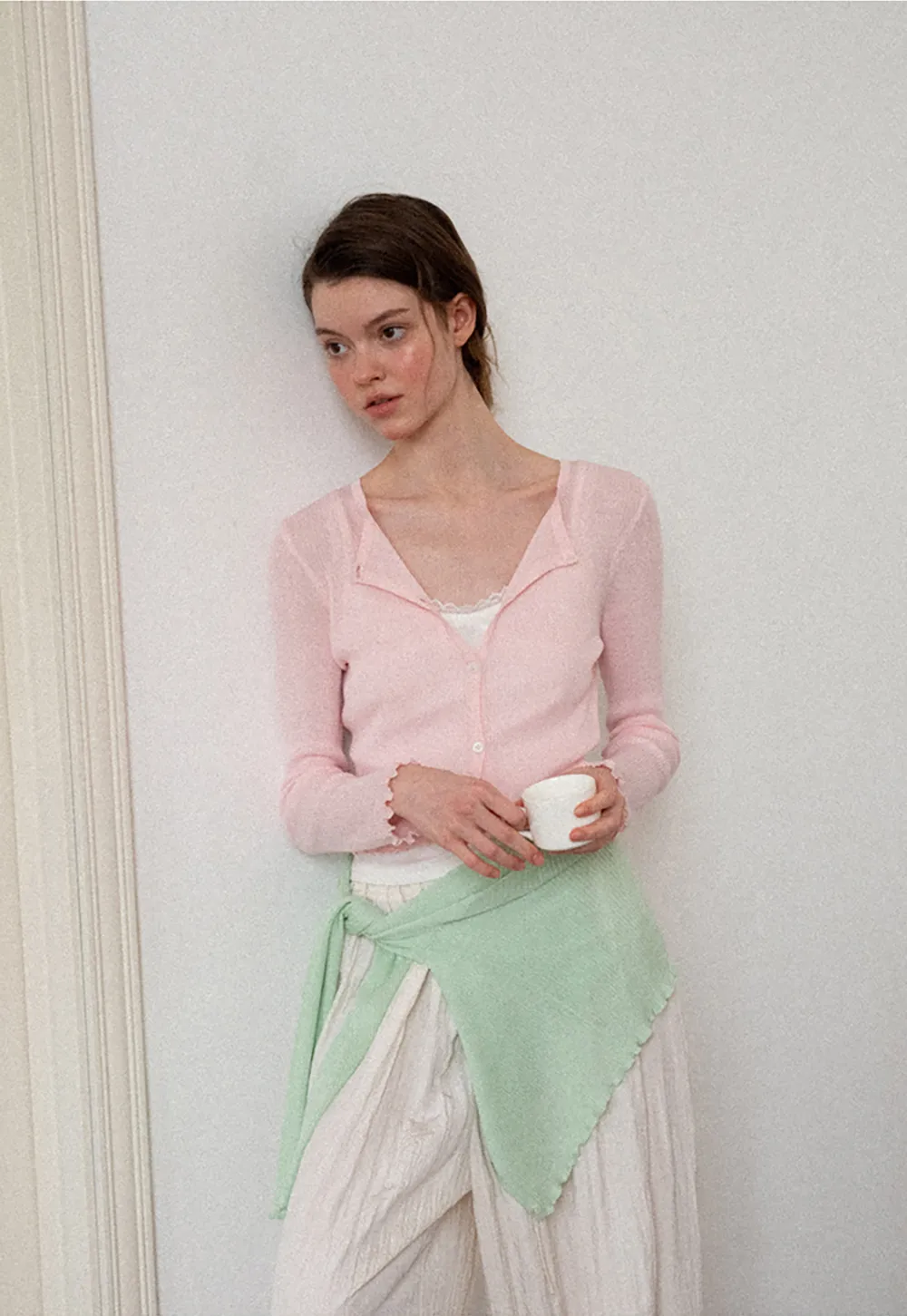 Ribbed Knit Cardigan with Pearl Buttons and Scallop Hem