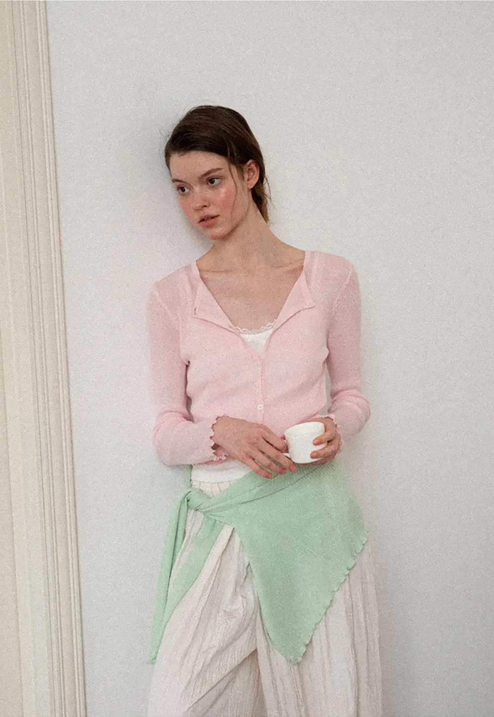 Ribbed Knit Cardigan with Pearl Buttons and Scallop Hem