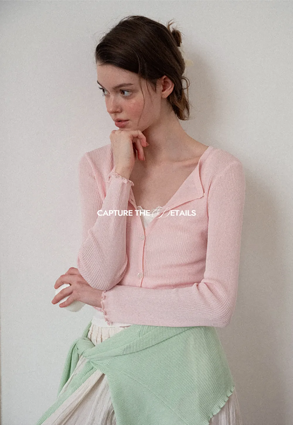 Ribbed Knit Cardigan with Pearl Buttons and Scallop Hem