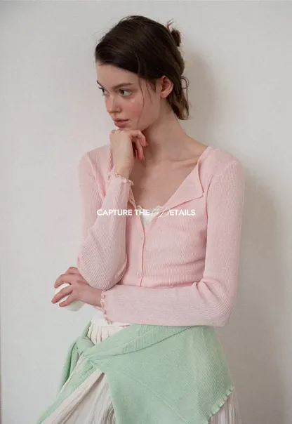 Ribbed Knit Cardigan with Pearl Buttons and Scallop Hem