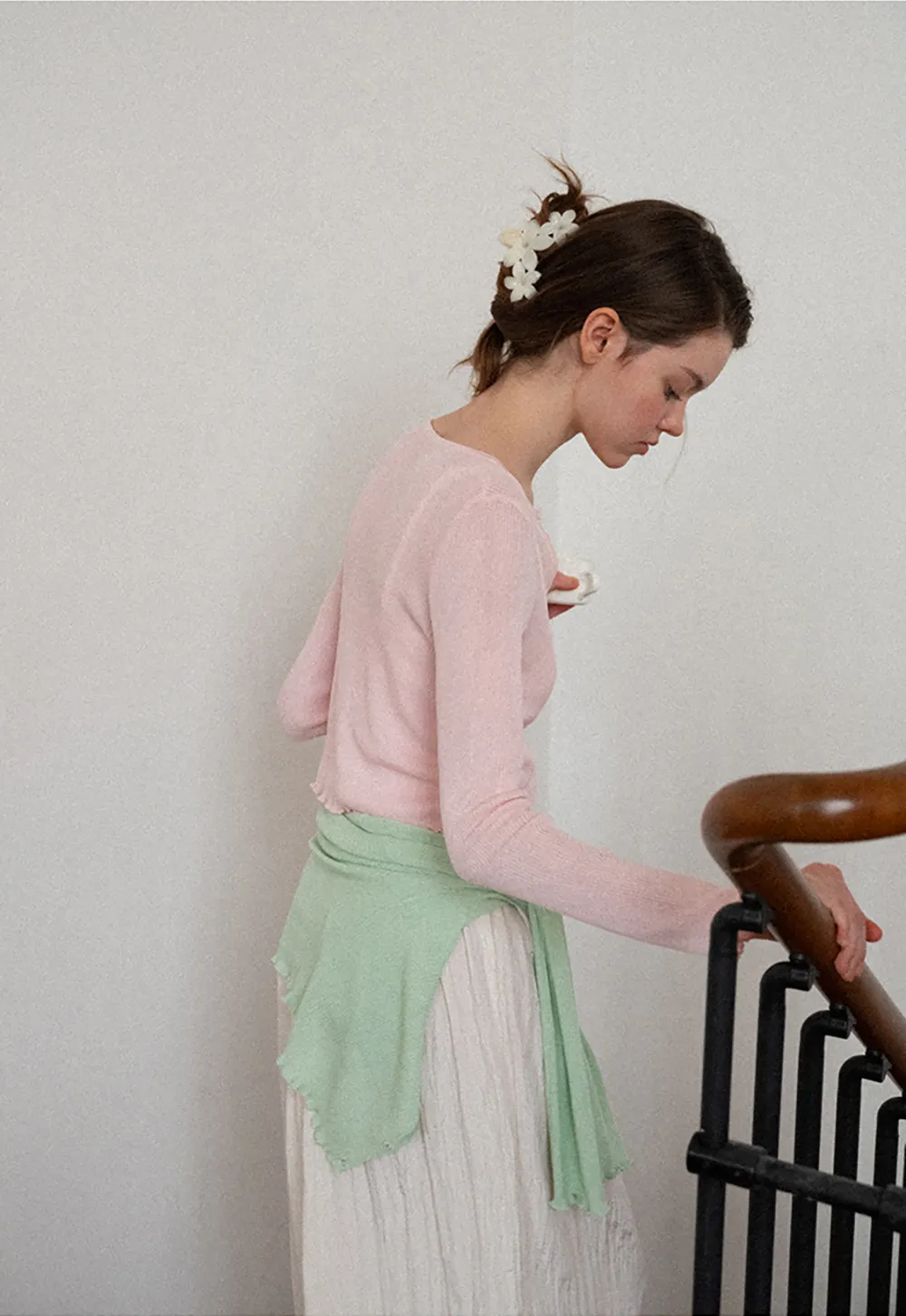 Ribbed Knit Cardigan with Pearl Buttons and Scallop Hem