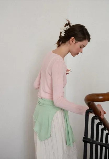 Ribbed Knit Cardigan with Pearl Buttons and Scallop Hem