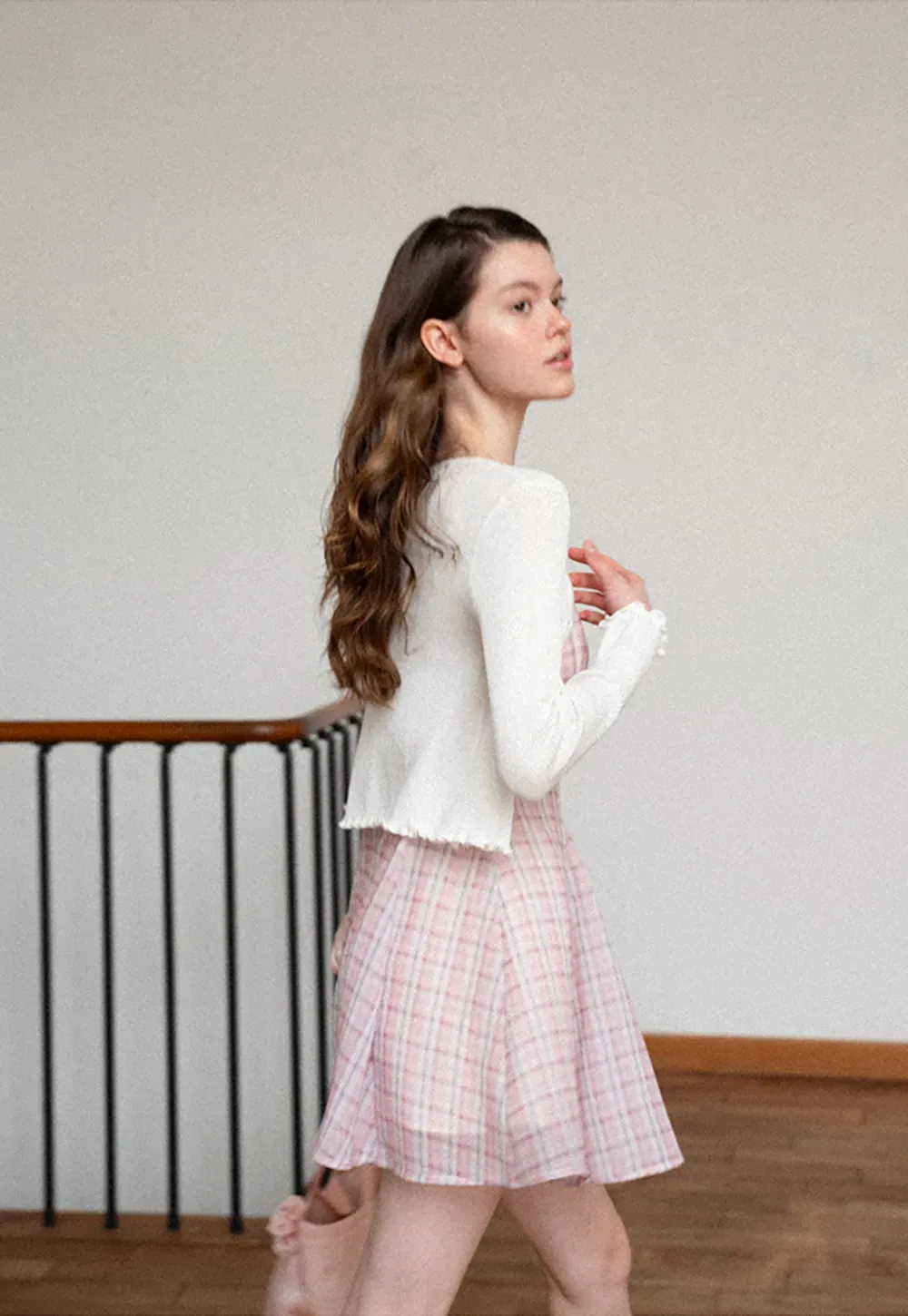 Ribbed Knit Cardigan with Pearl Buttons and Scallop Hem