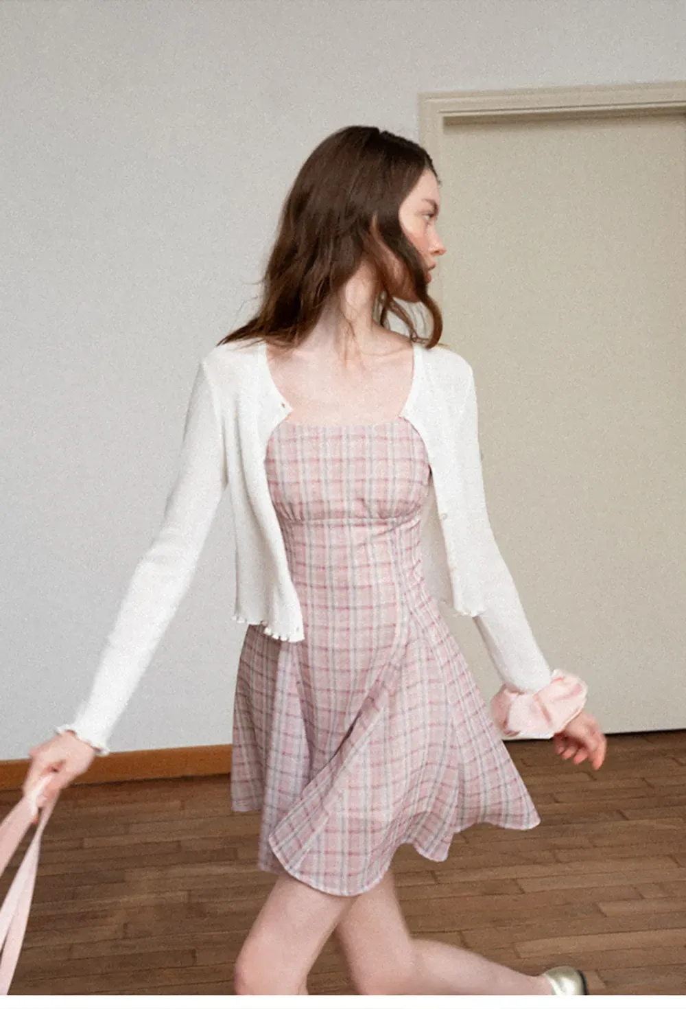 Ribbed Knit Cardigan with Pearl Buttons and Scallop Hem