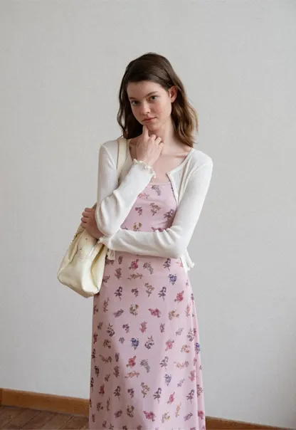 Ribbed Knit Cardigan with Pearl Buttons and Scallop Hem