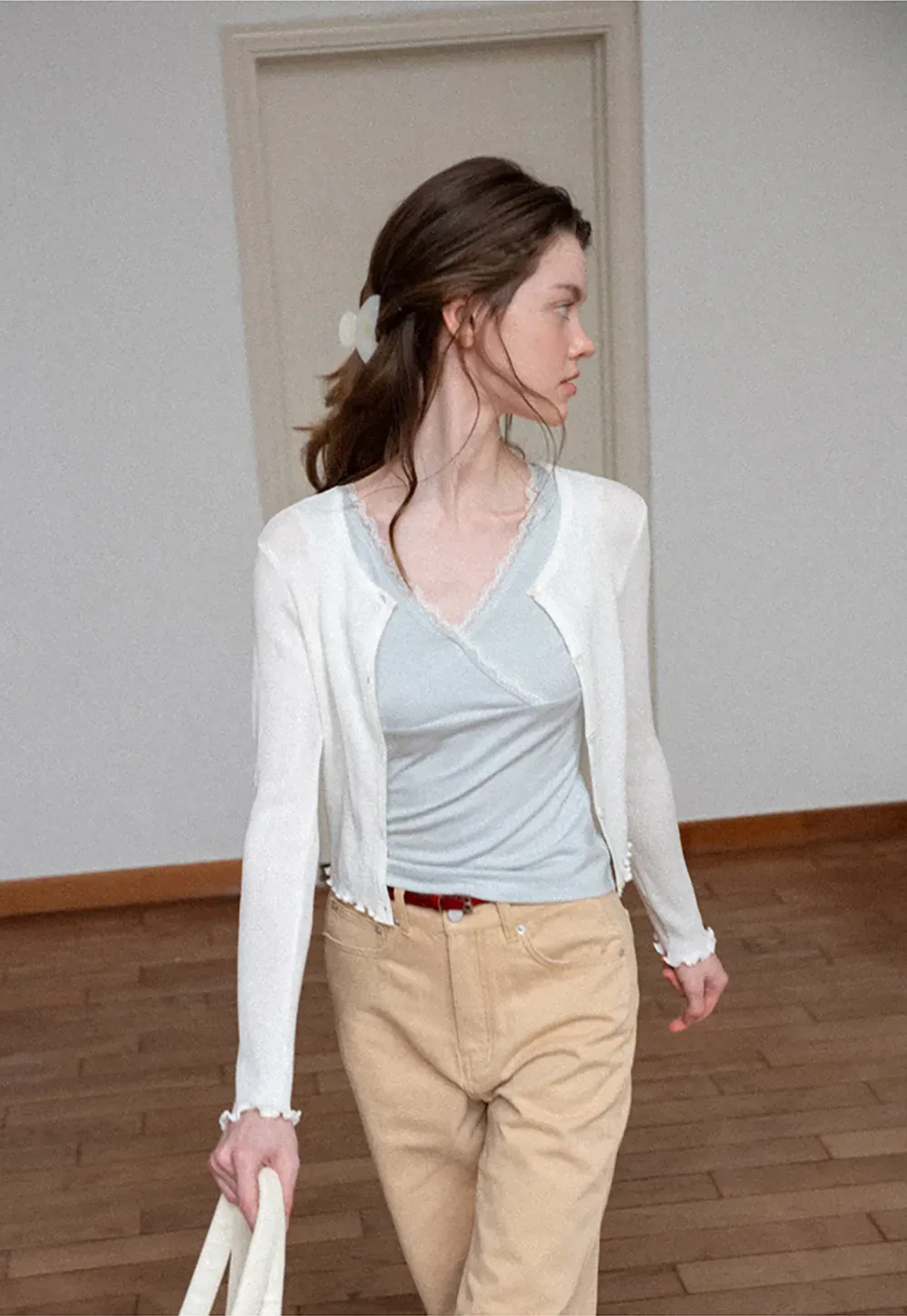 Ribbed Knit Cardigan with Pearl Buttons and Scallop Hem