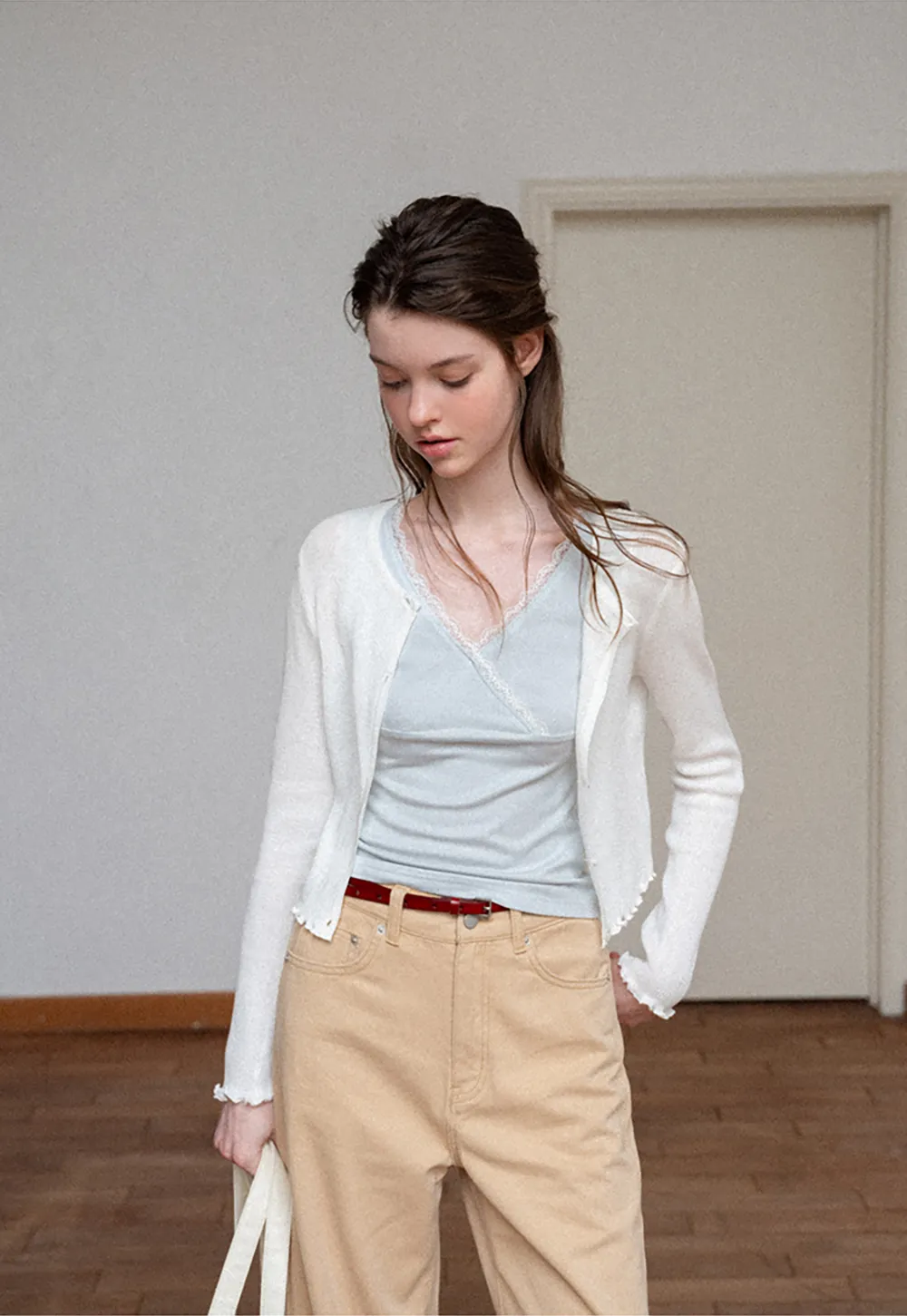 Ribbed Knit Cardigan with Pearl Buttons and Scallop Hem