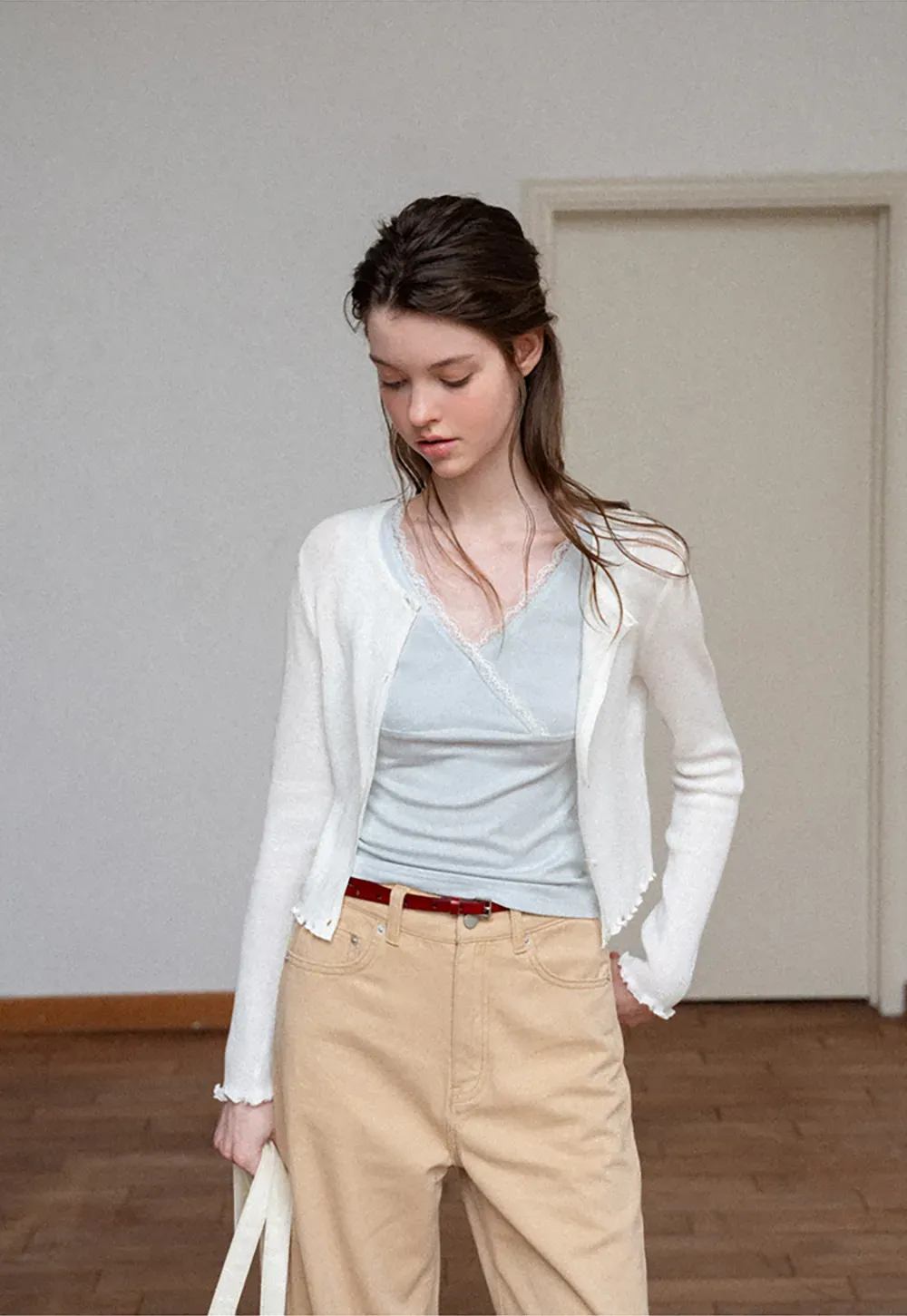 Ribbed Knit Cardigan with Pearl Buttons and Scallop Hem