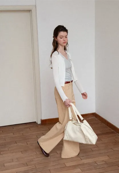 Ribbed Knit Cardigan with Pearl Buttons and Scallop Hem