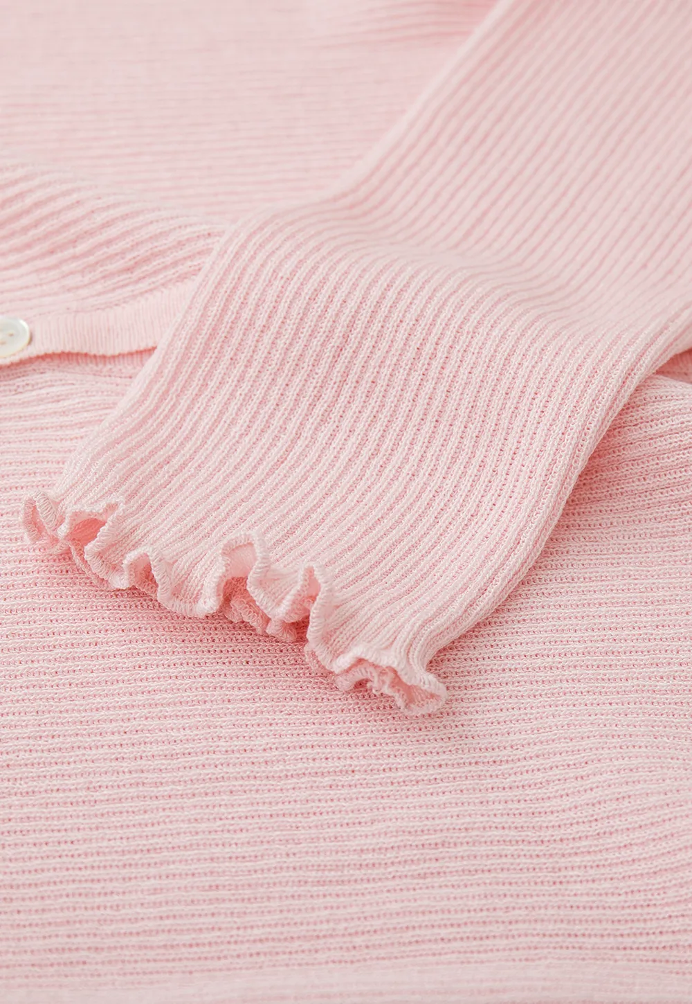 Ribbed Knit Cardigan with Pearl Buttons and Scallop Hem