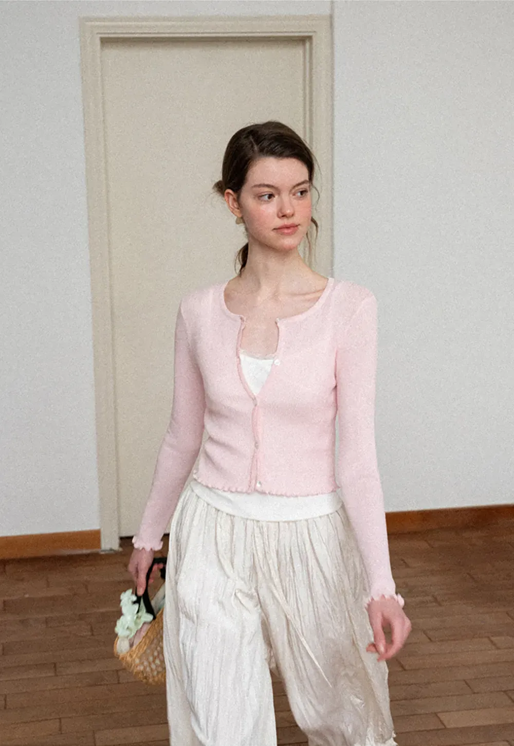 Ribbed Knit Cardigan with Pearl Buttons and Scallop Hem