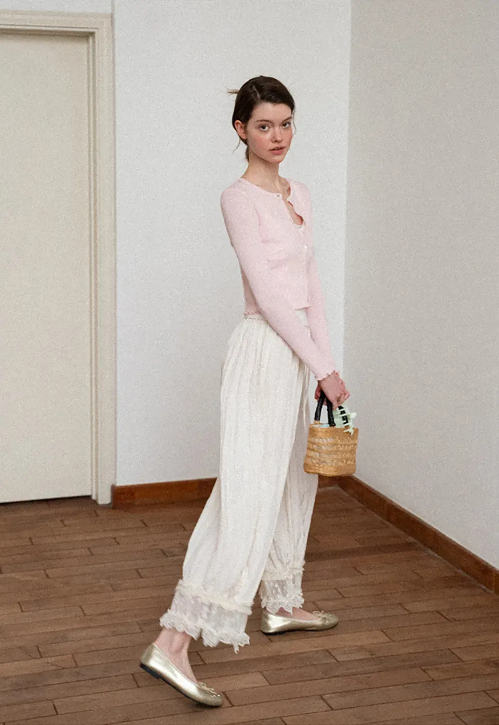 Ribbed Knit Cardigan with Pearl Buttons and Scallop Hem