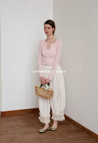 Ribbed Knit Cardigan with Pearl Buttons and Scallop Hem