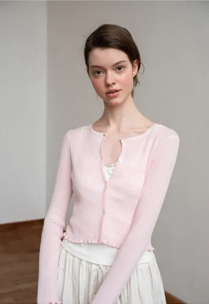 Ribbed Knit Cardigan with Pearl Buttons and Scallop Hem