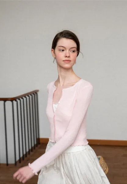 Ribbed Knit Cardigan with Pearl Buttons and Scallop Hem