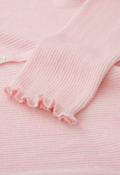 Ribbed Knit Cardigan with Pearl Buttons and Scallop Hem