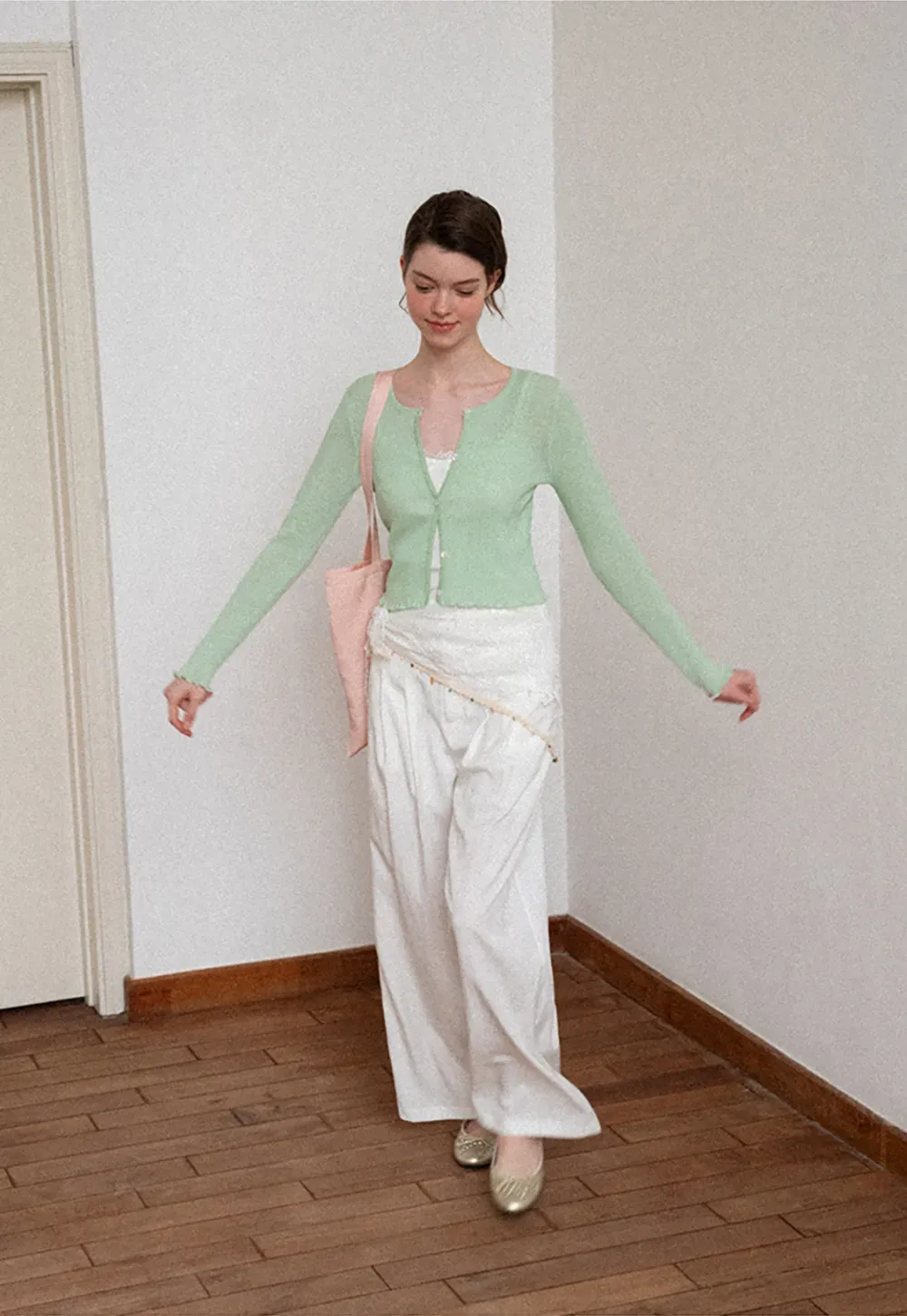 Ribbed Knit Cardigan with Pearl Buttons and Scallop Hem