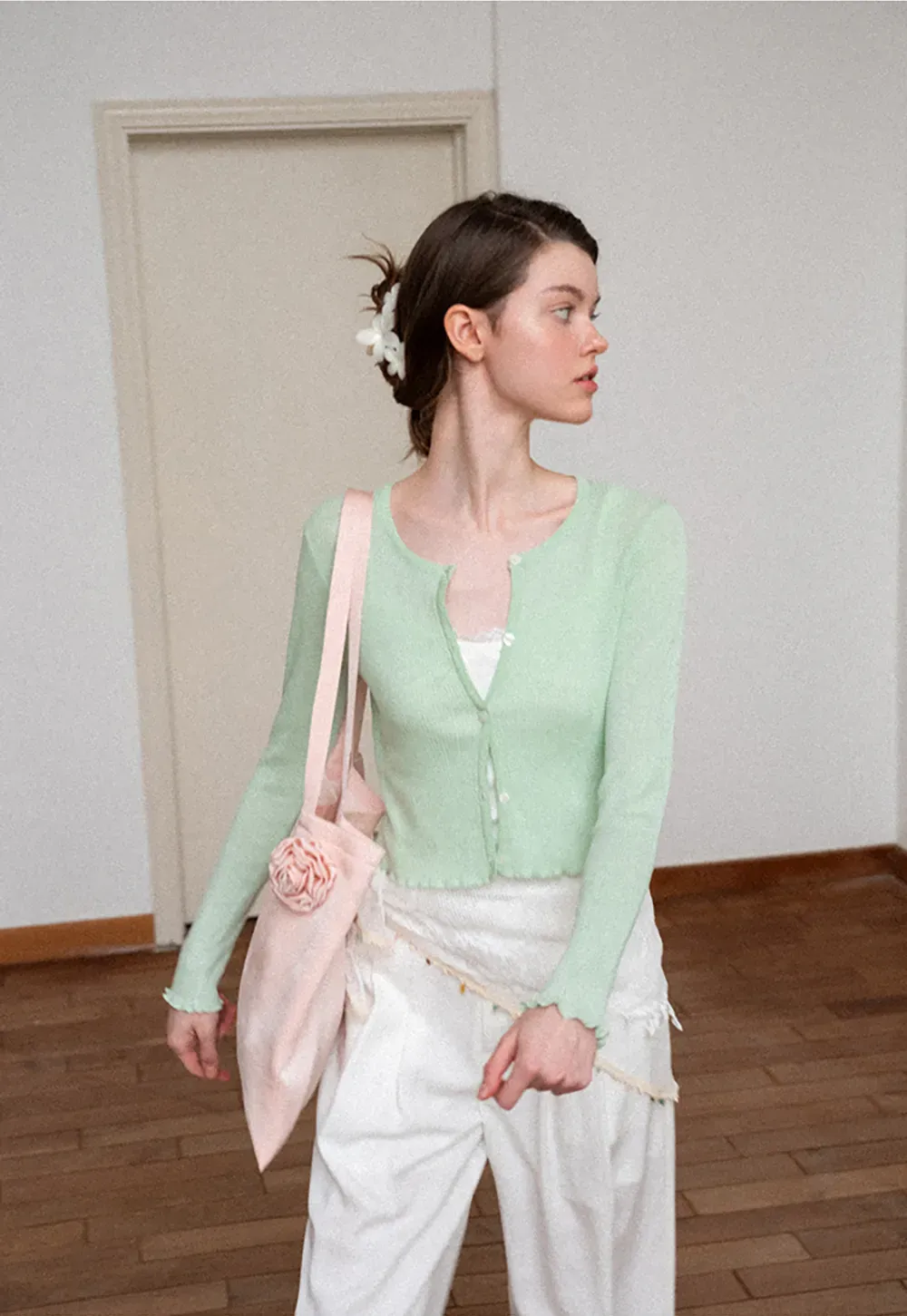 Ribbed Knit Cardigan with Pearl Buttons and Scallop Hem