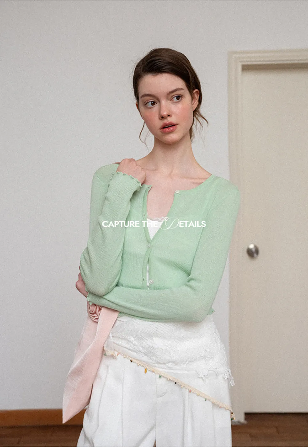 Ribbed Knit Cardigan with Pearl Buttons and Scallop Hem